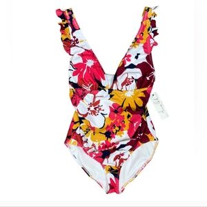 Anne Cole Womens Plus Floral V-Neck One Piece Swimsuit